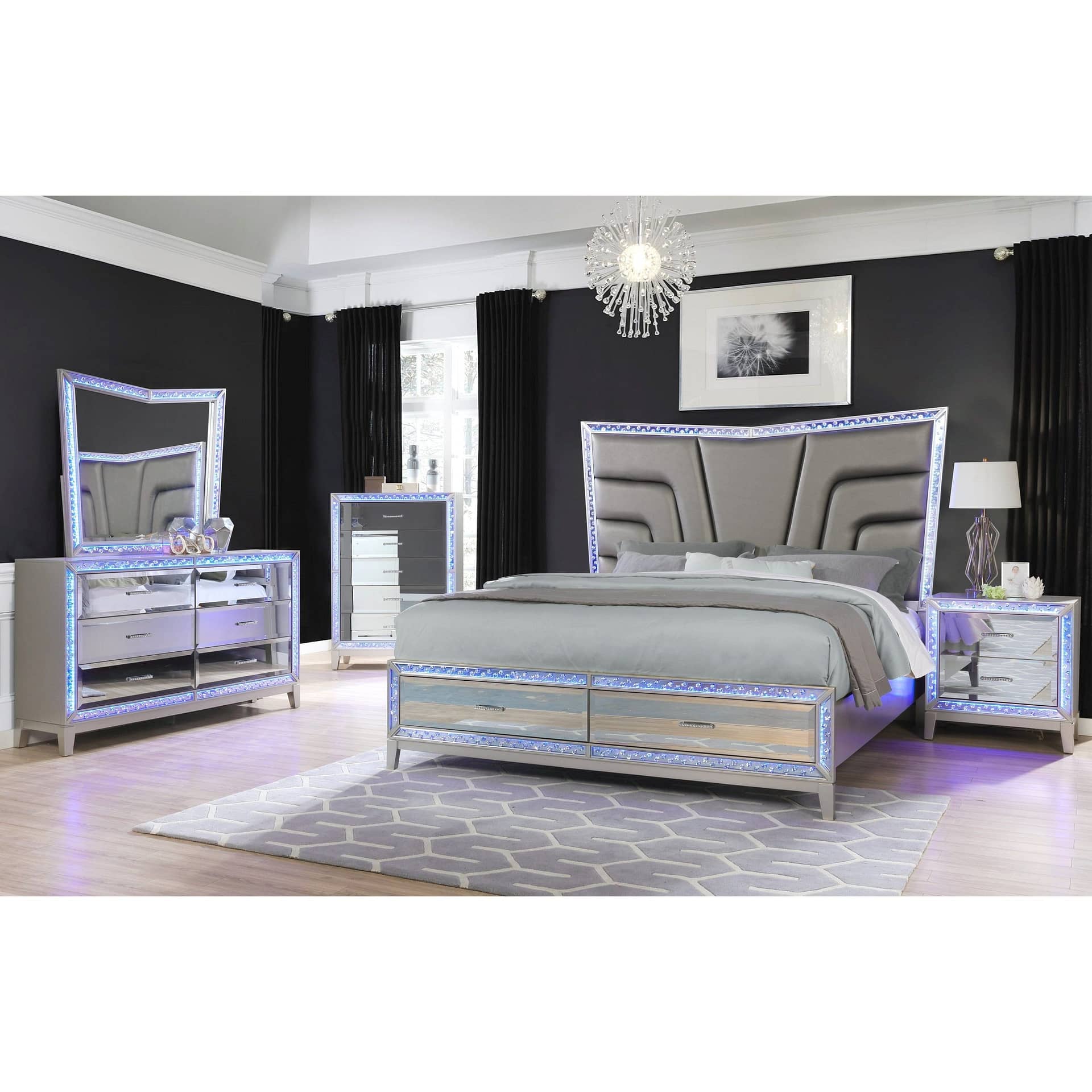 4 Piece Bedroom Set with Queen Bed, Dresser,Mirror and Nightstands in Silver